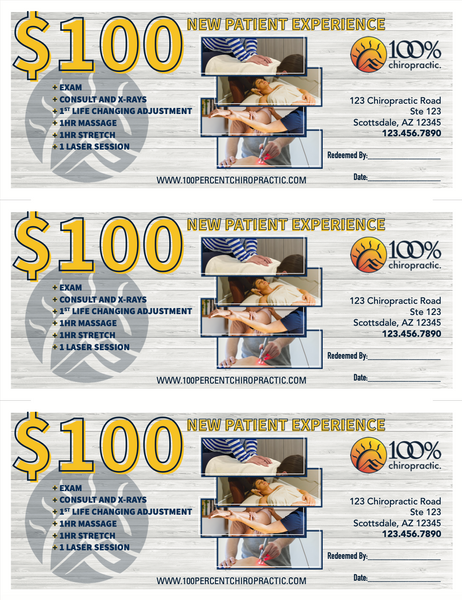 $100 New Patient Experience Coupons (3 per page)