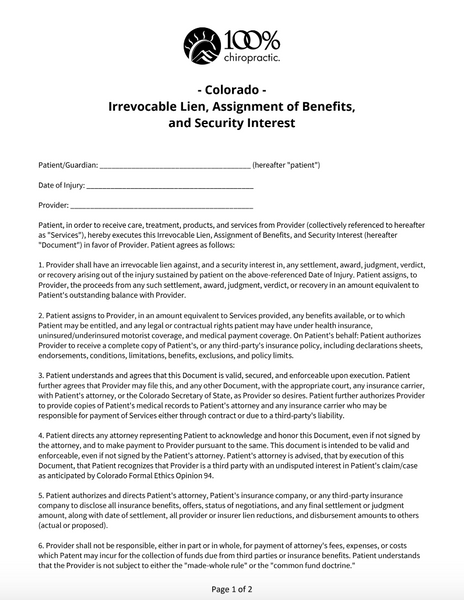 - Colorado ONLY -  Irrevocable Lien, Assignment of Benefits,  and Security Interest