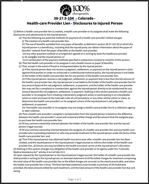 COLORADO ONLY Health-care Provider Lien - Disclosures to Injured Person